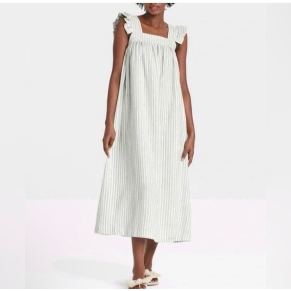 A New‎ Day Linen Blend Striped Ruffle Sleeve Midi Dress Size L
